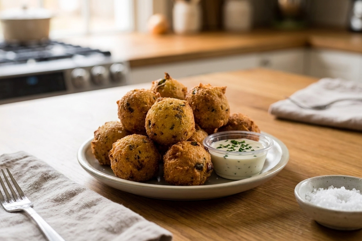 A small plate of hush puppies served with a ramekin of dipping sauce on a simple dinner table setting