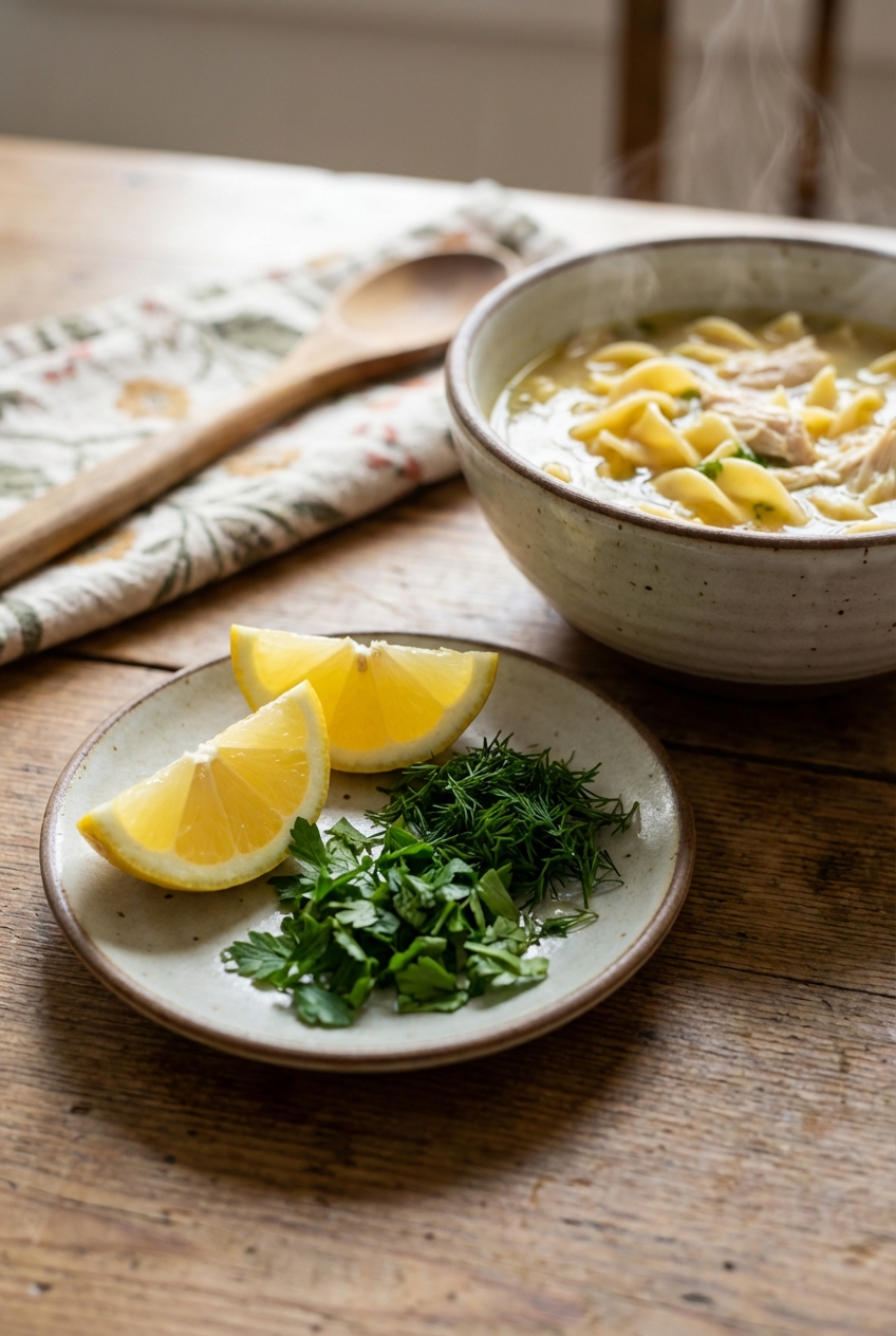 A small plate of lemon wedges and chopped fresh herbs on the side of a soup bowl