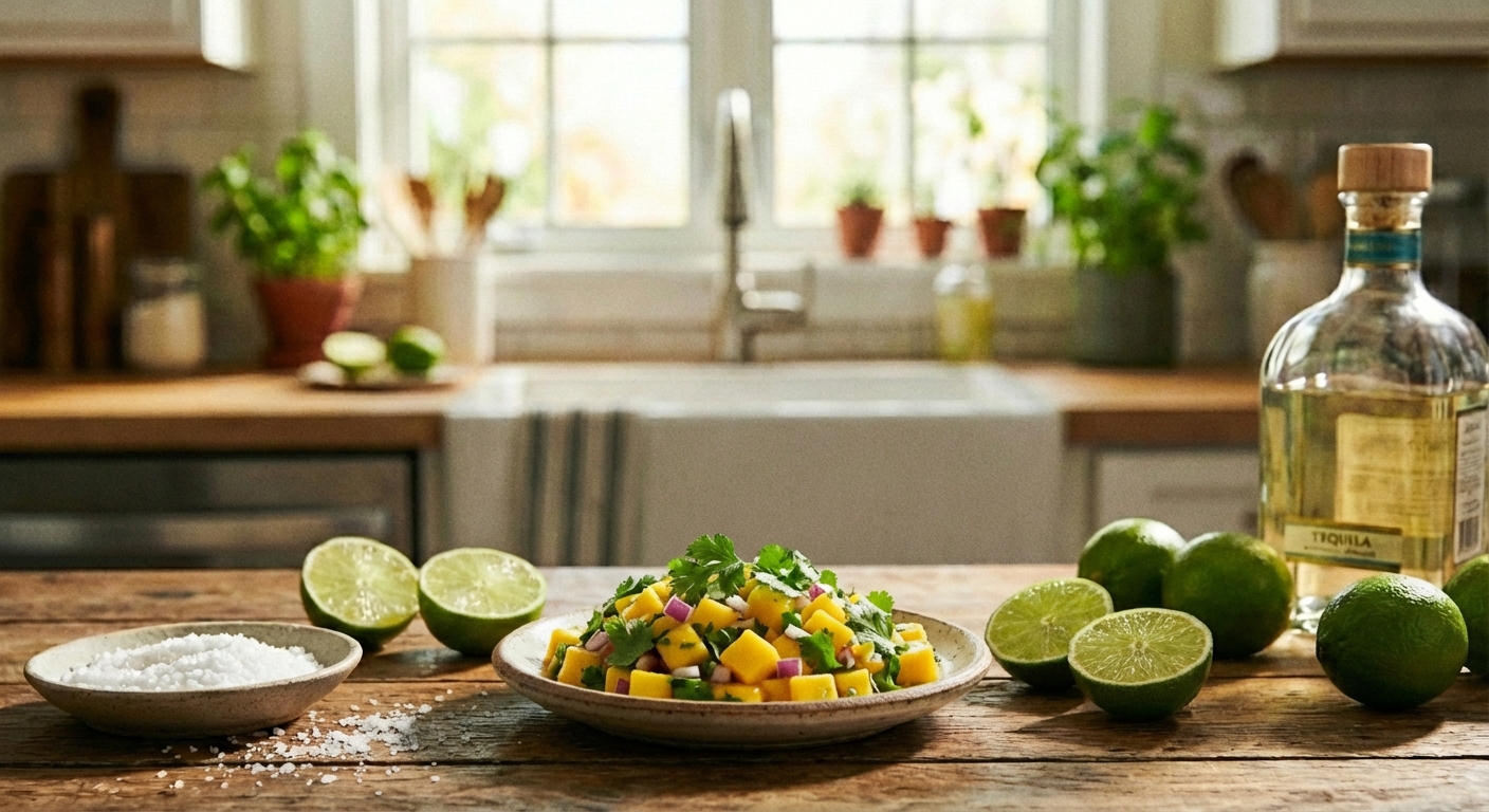A small plate of mango salsa with diced mango, red onion, and cilantro