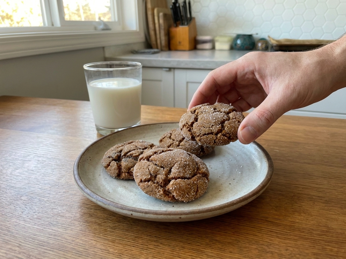 A small plate of molasses cookies with a glass of milk on a wooden table in warm natural light