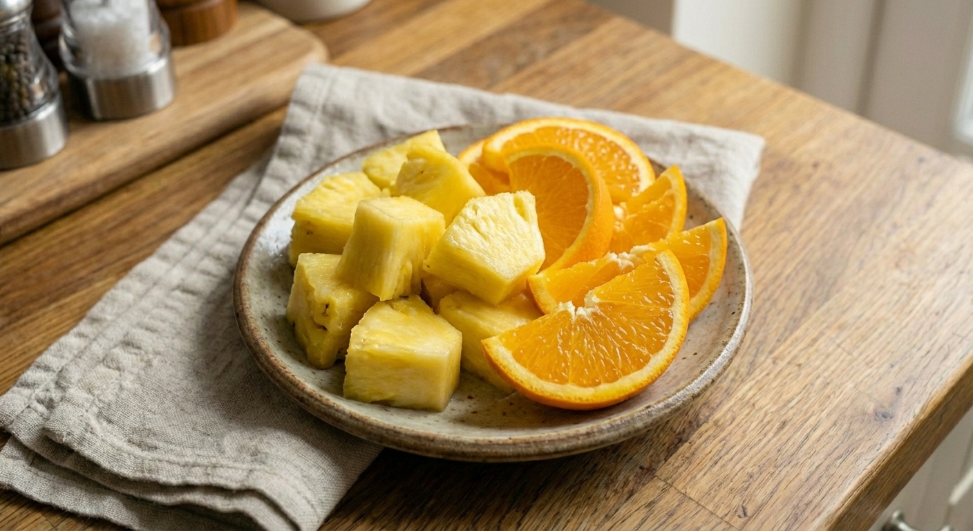 A small plate of pineapple chunks and orange slices