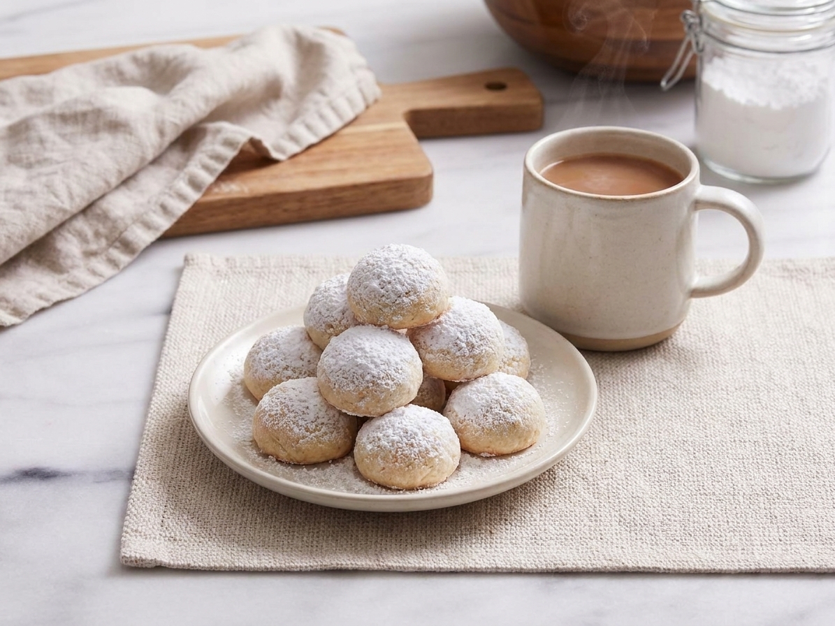A small plate of powdered sugar snowball cookies on a simple table setting with a mug nearby, cozy kitchen background