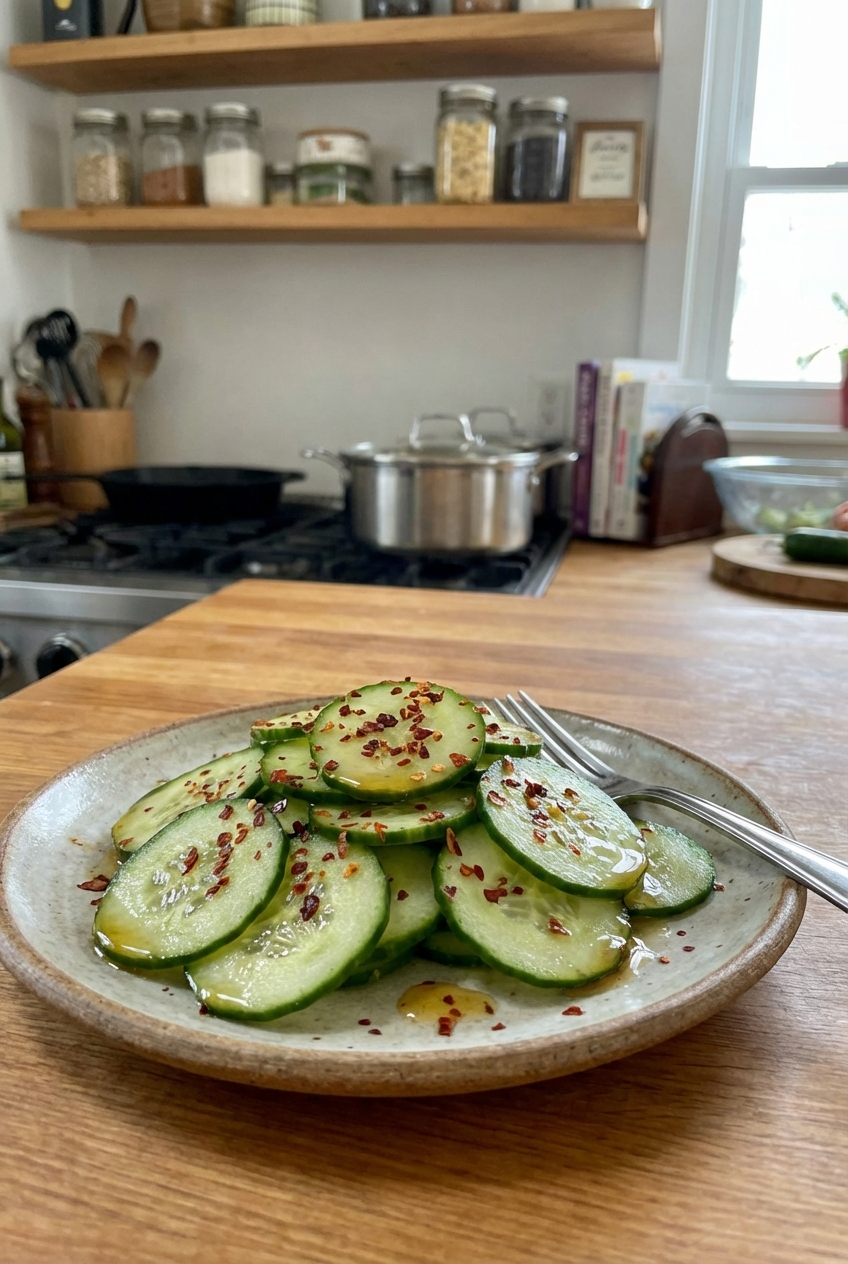 A small plate of quick cucumber salad with vinegar and chili flakes