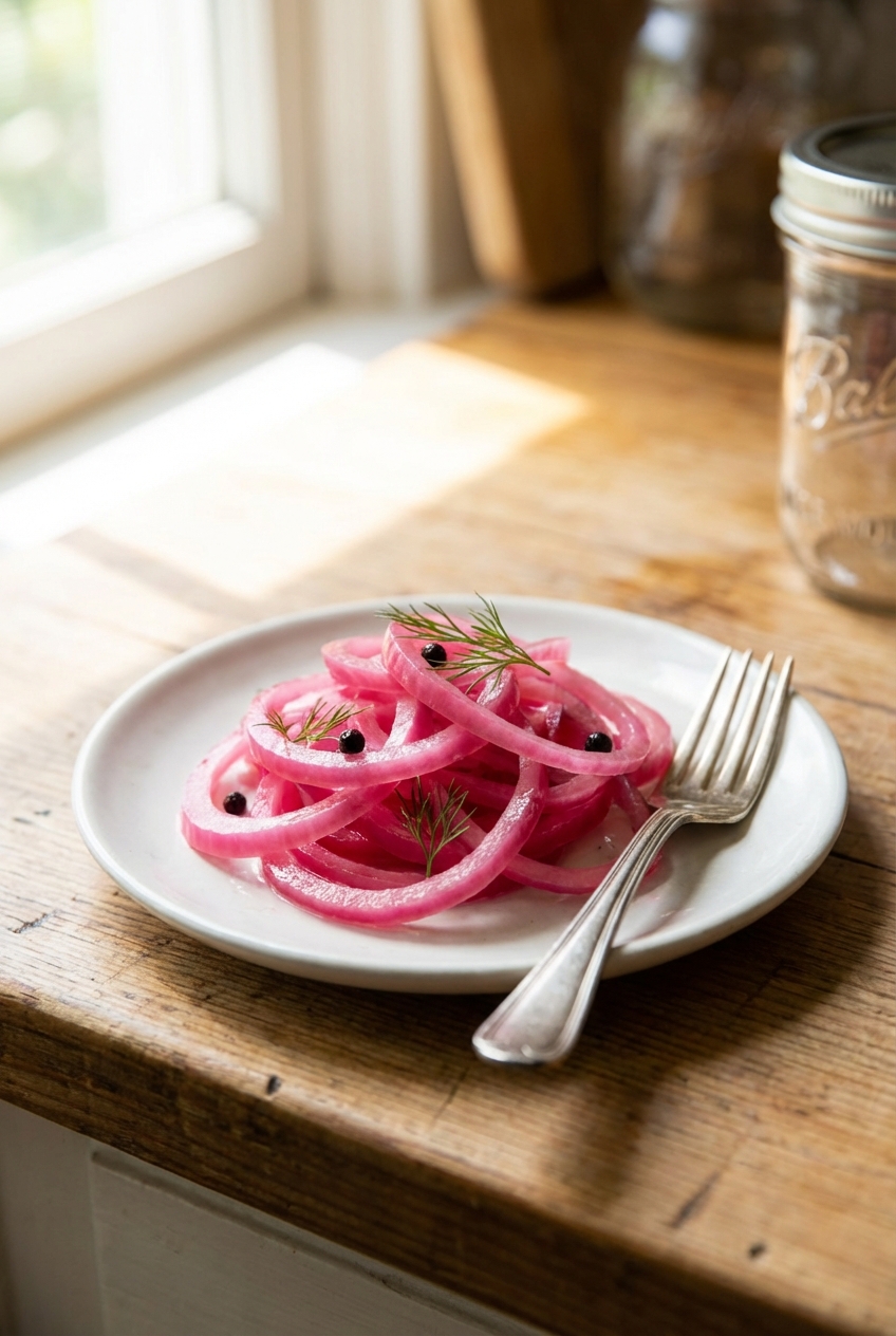 A small plate of quick pickled red onions with a fork beside it in bright natural light