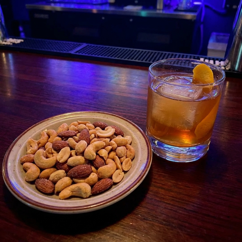 A small plate of roasted salted nuts beside a cocktail