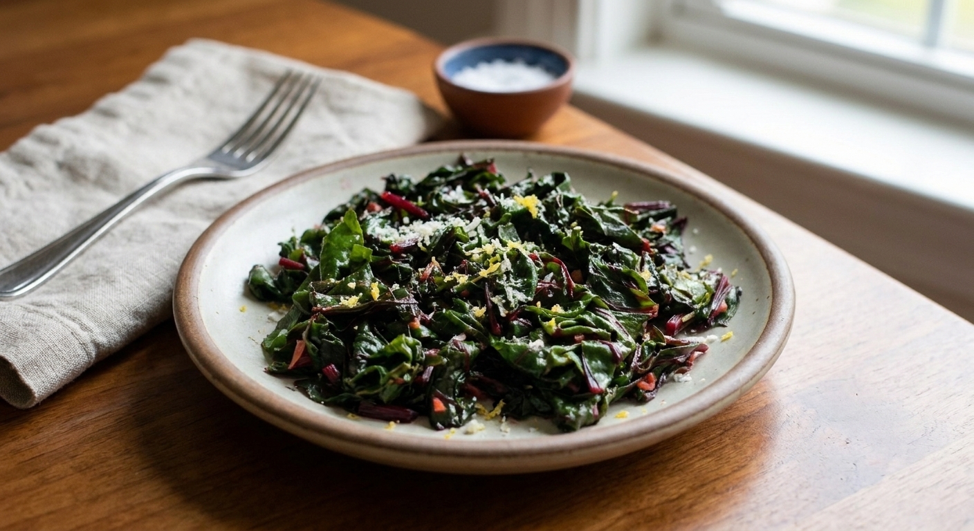 A small plate of sautéed beet greens with visible red stems, finished with lemon zest and a light sprinkle of Parmesan, set on a simple dinner table