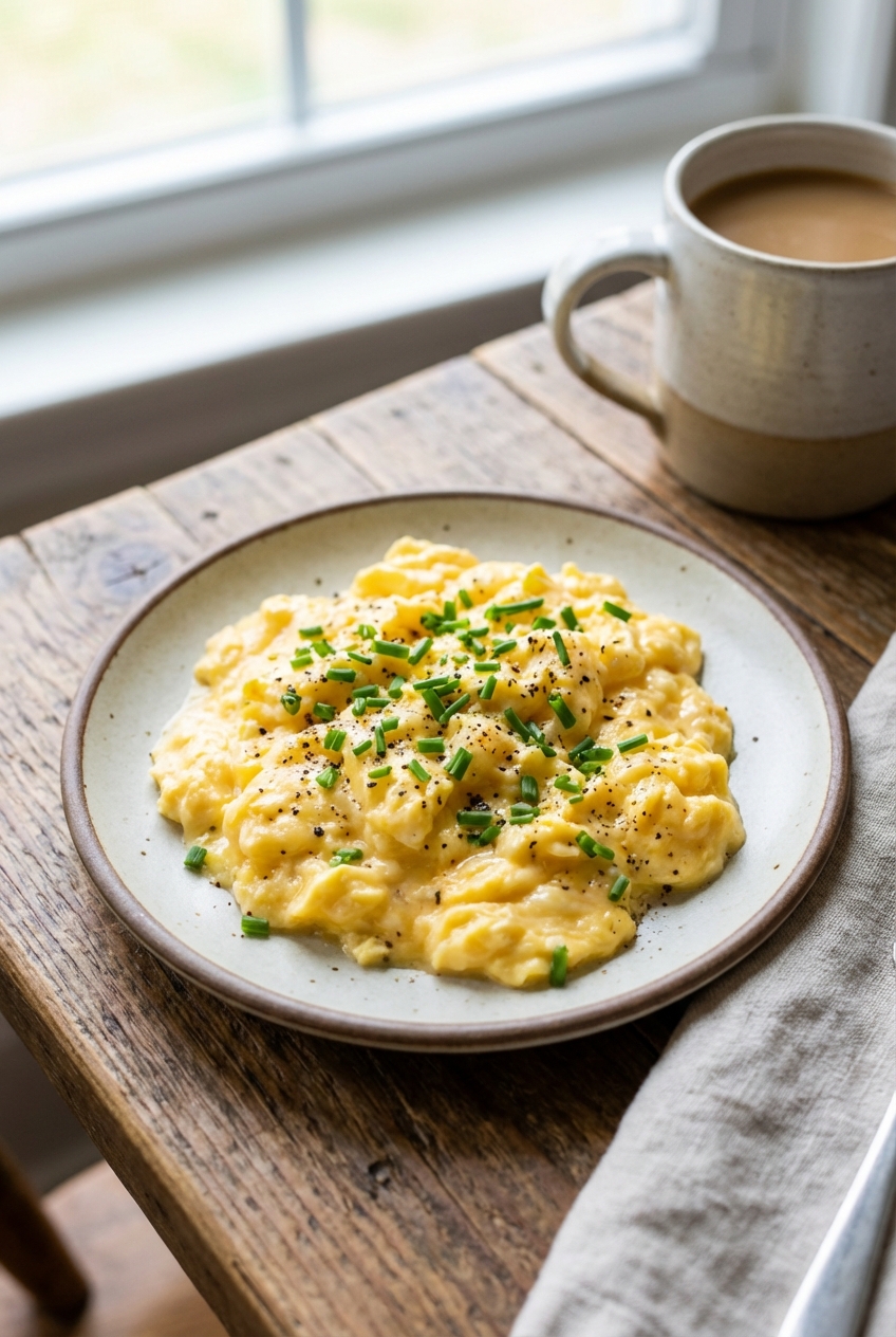 A small plate of scrambled eggs topped with chives and black pepper