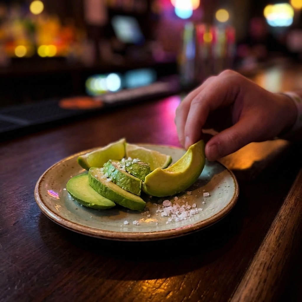A small plate of sliced avocado with lime and salt