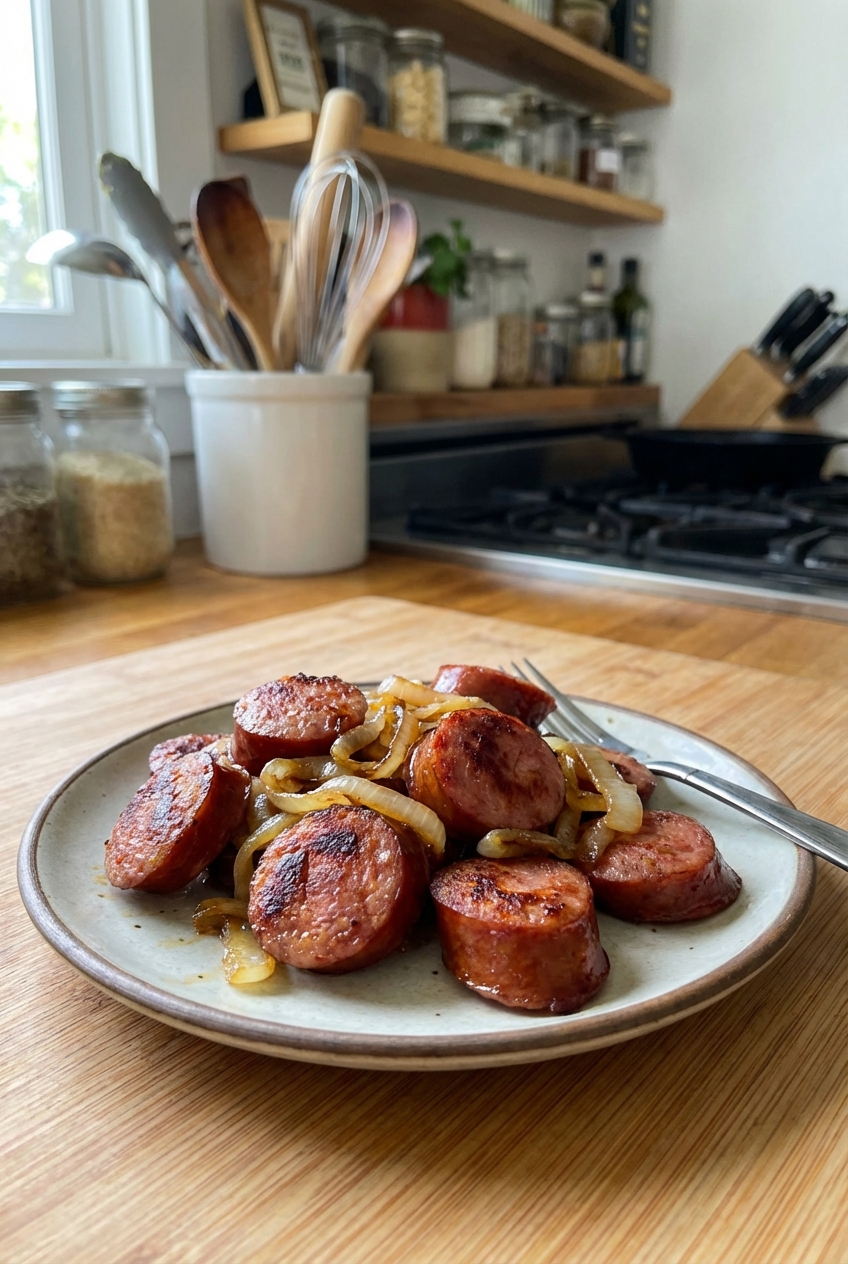 A small plate of sliced smoked sausage with browned edges and sautéed onions