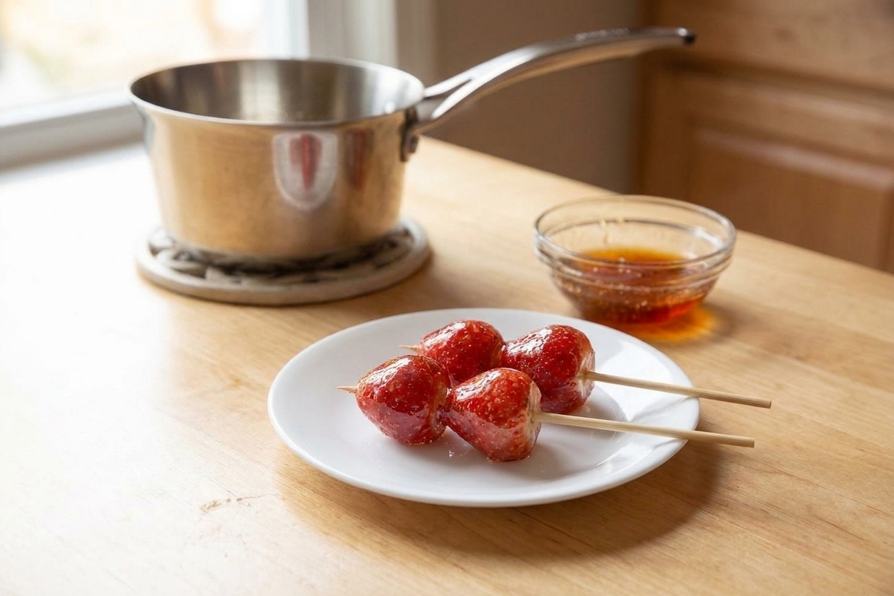 A small plate of tanghulu skewers served at a simple kitchen table setting with natural light