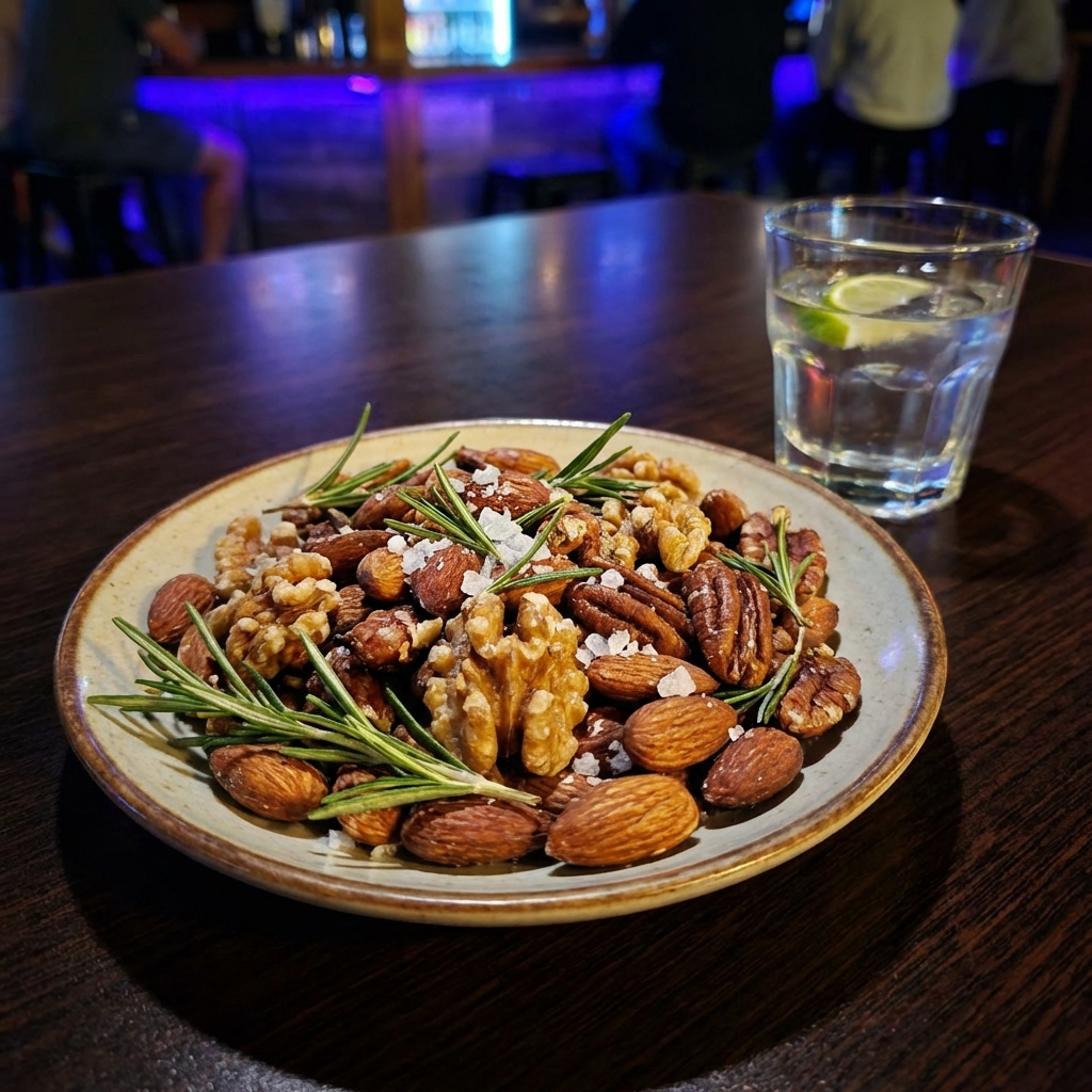 A small plate of toasted nuts with rosemary and flaky salt
