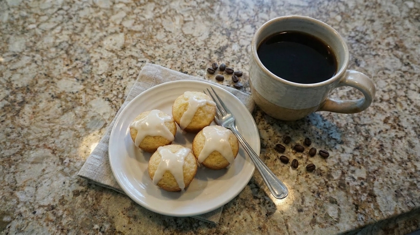 A small plate of vanilla mini muffins with a mug of coffee on a simple table setting