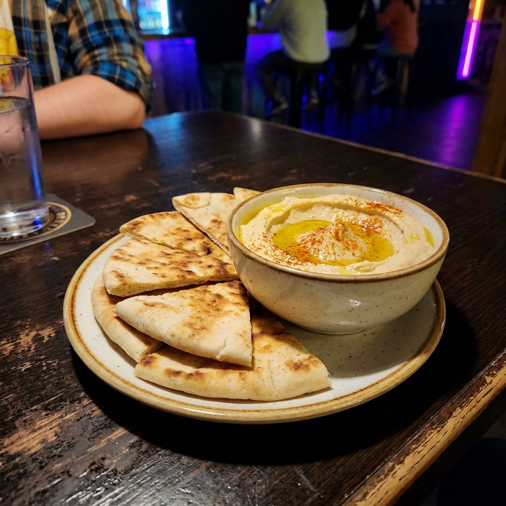 A small plate of warm pita wedges with a bowl of hummus