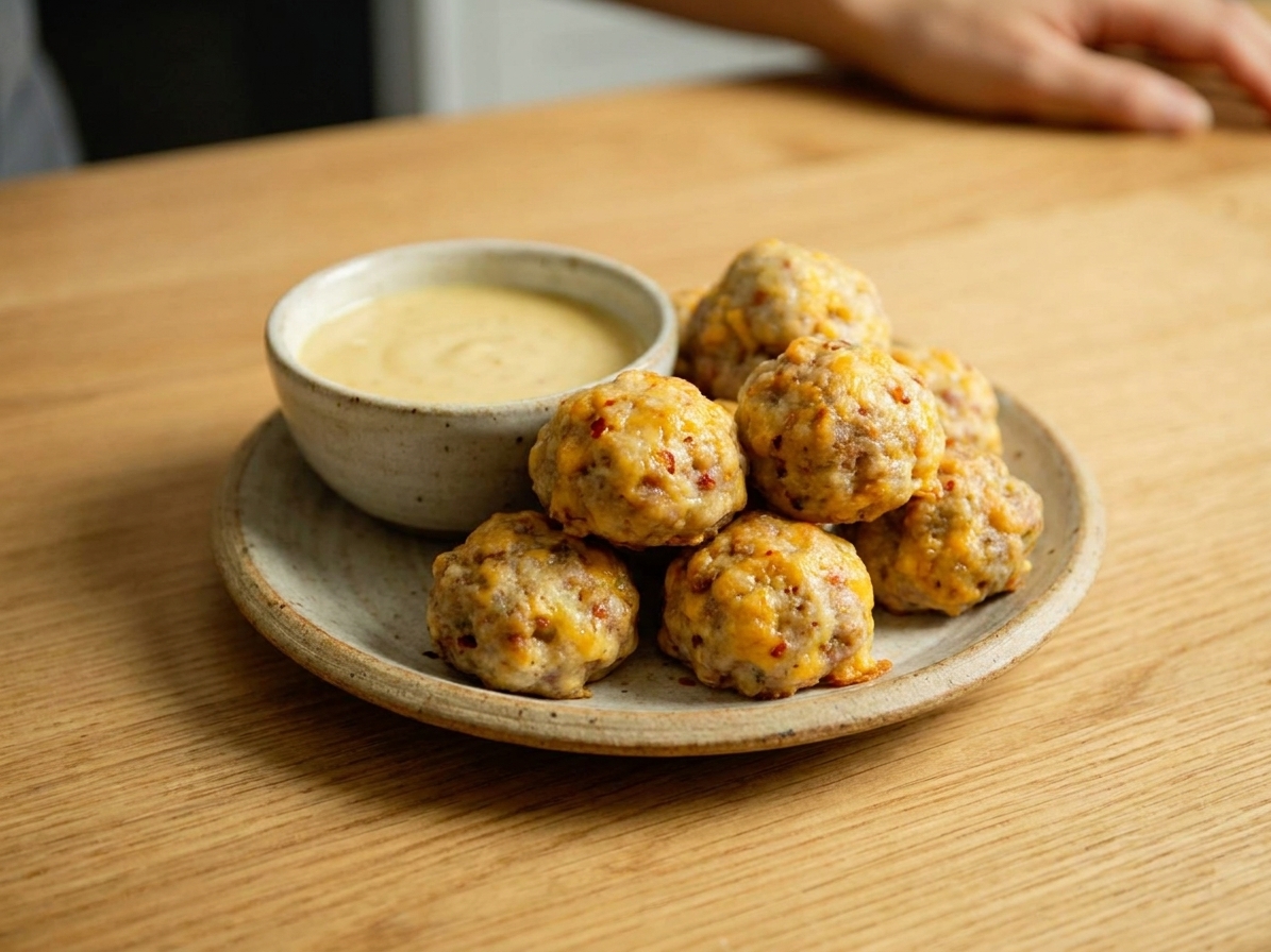 A small plate of warm sausage balls served with a bowl of honey mustard on a simple wooden table setting