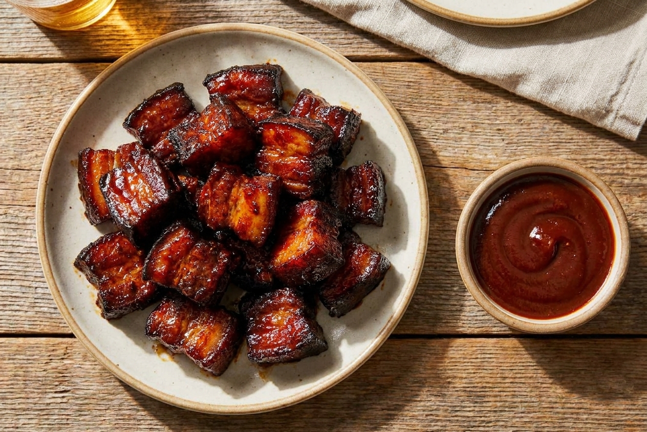 A small plate piled with sticky pork belly burnt ends with caramelized edges next to a ramekin of barbecue sauce on a wooden table