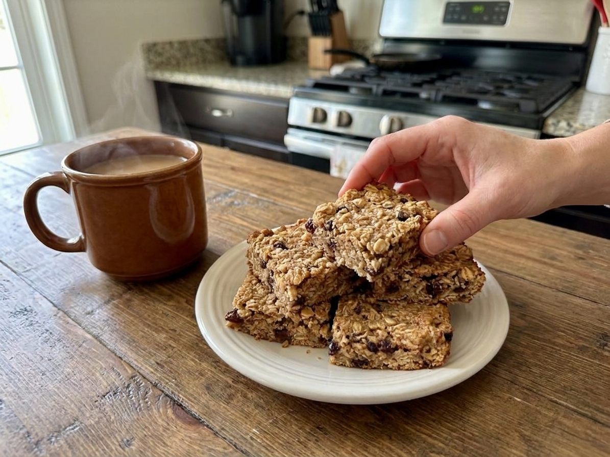 A small plate stacked with chewy cinnamon oatmeal bars beside a mug of coffee on a wooden table