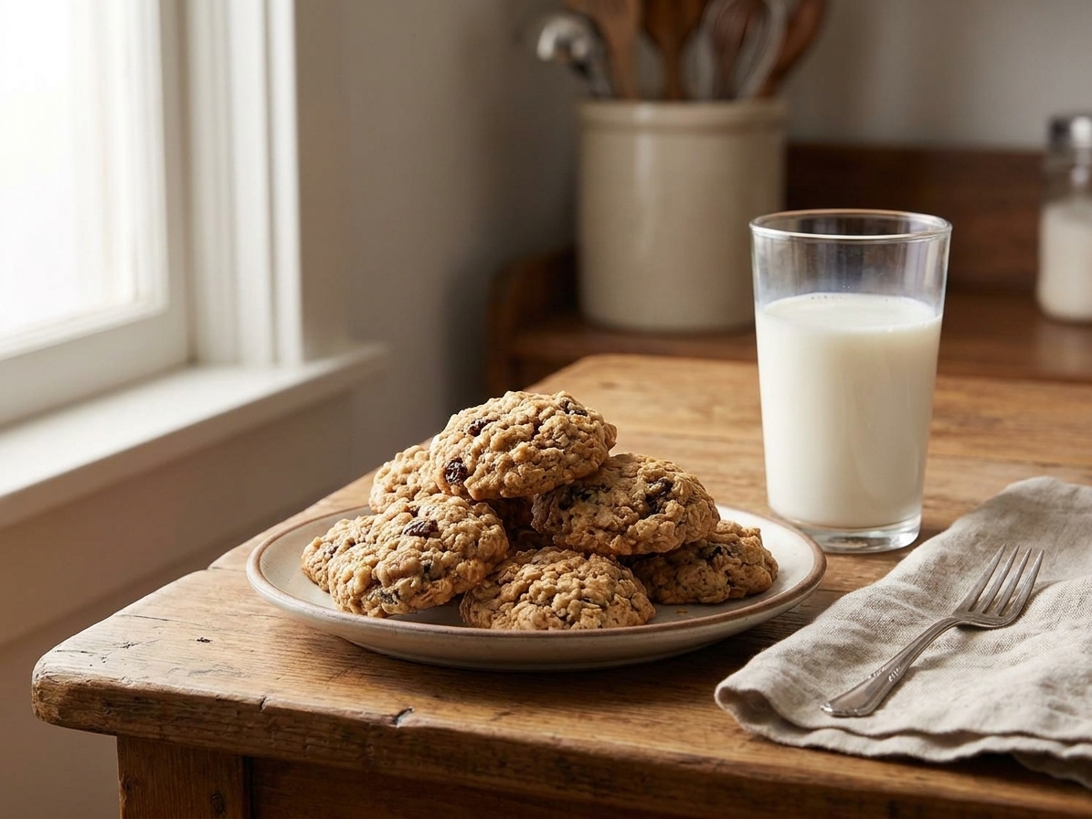 A small plate stacked with oatmeal cookies next to a glass of milk on a simple wooden table setting in soft natural light