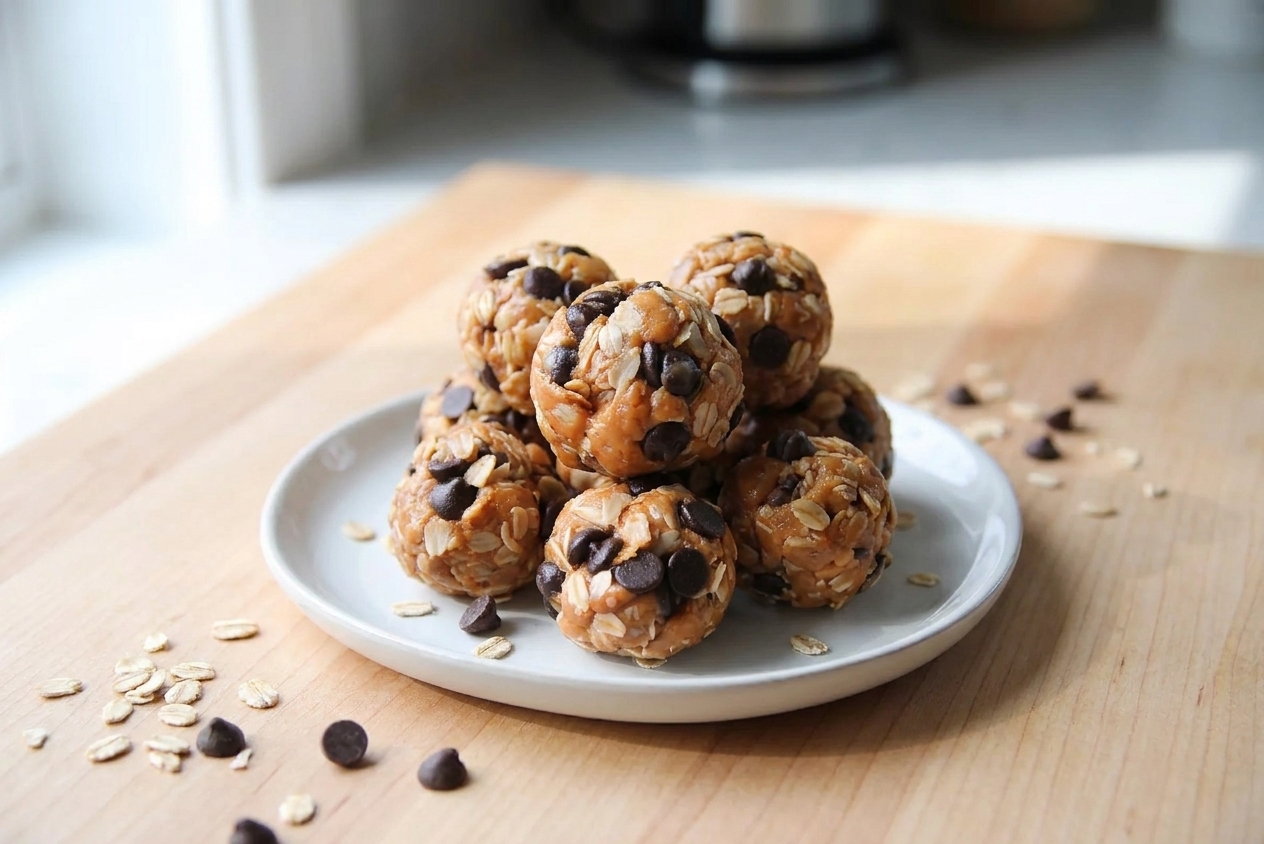 A small plate stacked with peanut butter oat energy bites with mini chocolate chips on a clean kitchen table setting
