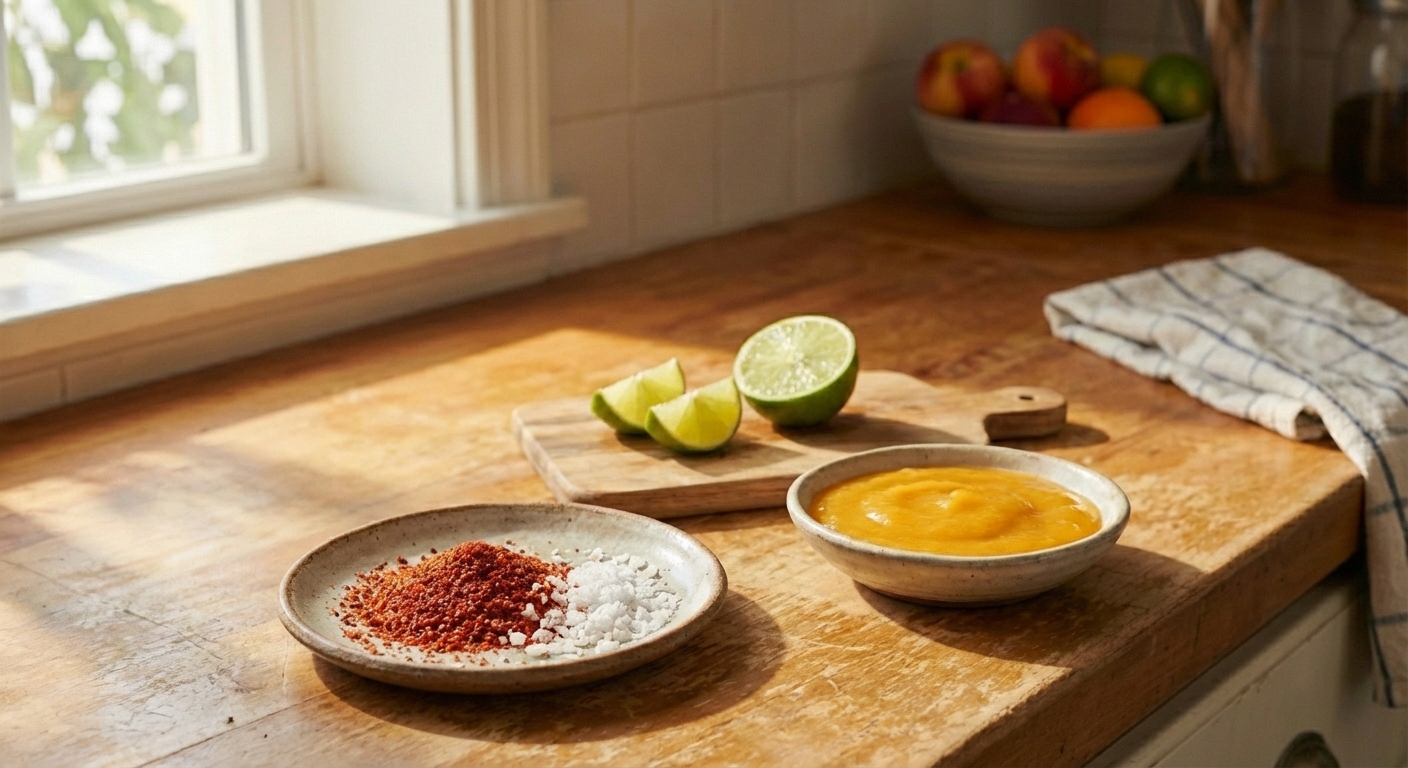 A small plate with Tajín and flaky salt mixed together next to a cut lime and a small shallow dish of peach puree on a kitchen counter