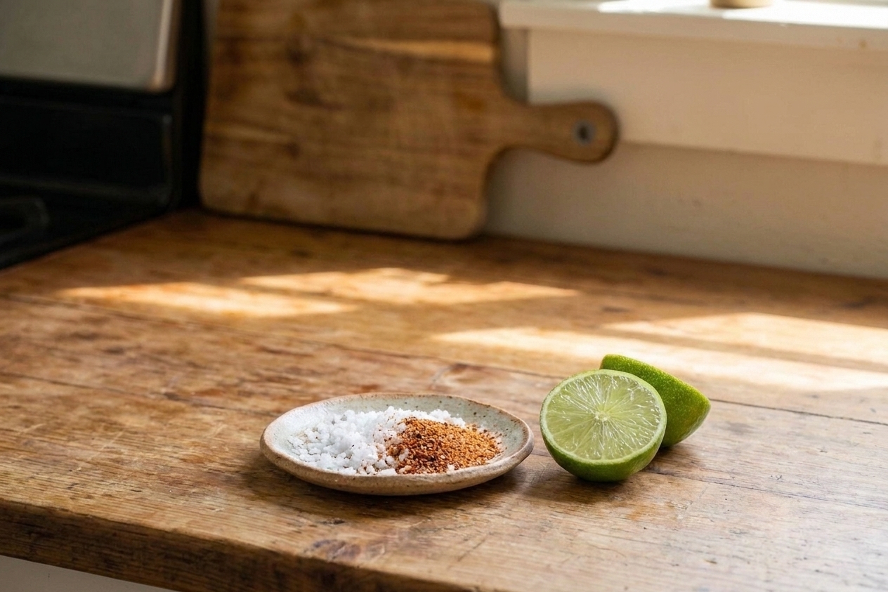 A small plate with a mix of salt and tajín next to a halved lime on a kitchen counter