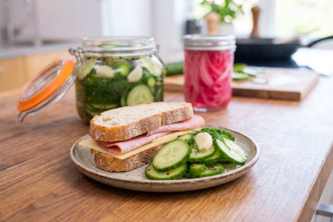 A small plate with a sandwich and a pile of pickled cucumber slices on the side, set on a simple kitchen table in natural light