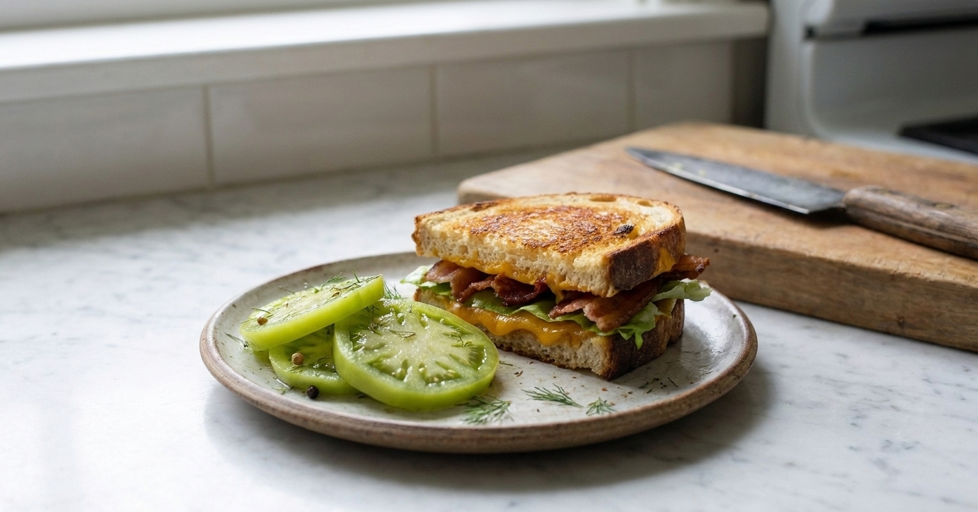 A small plate with a sandwich and a pile of pickled green tomato slices served alongside