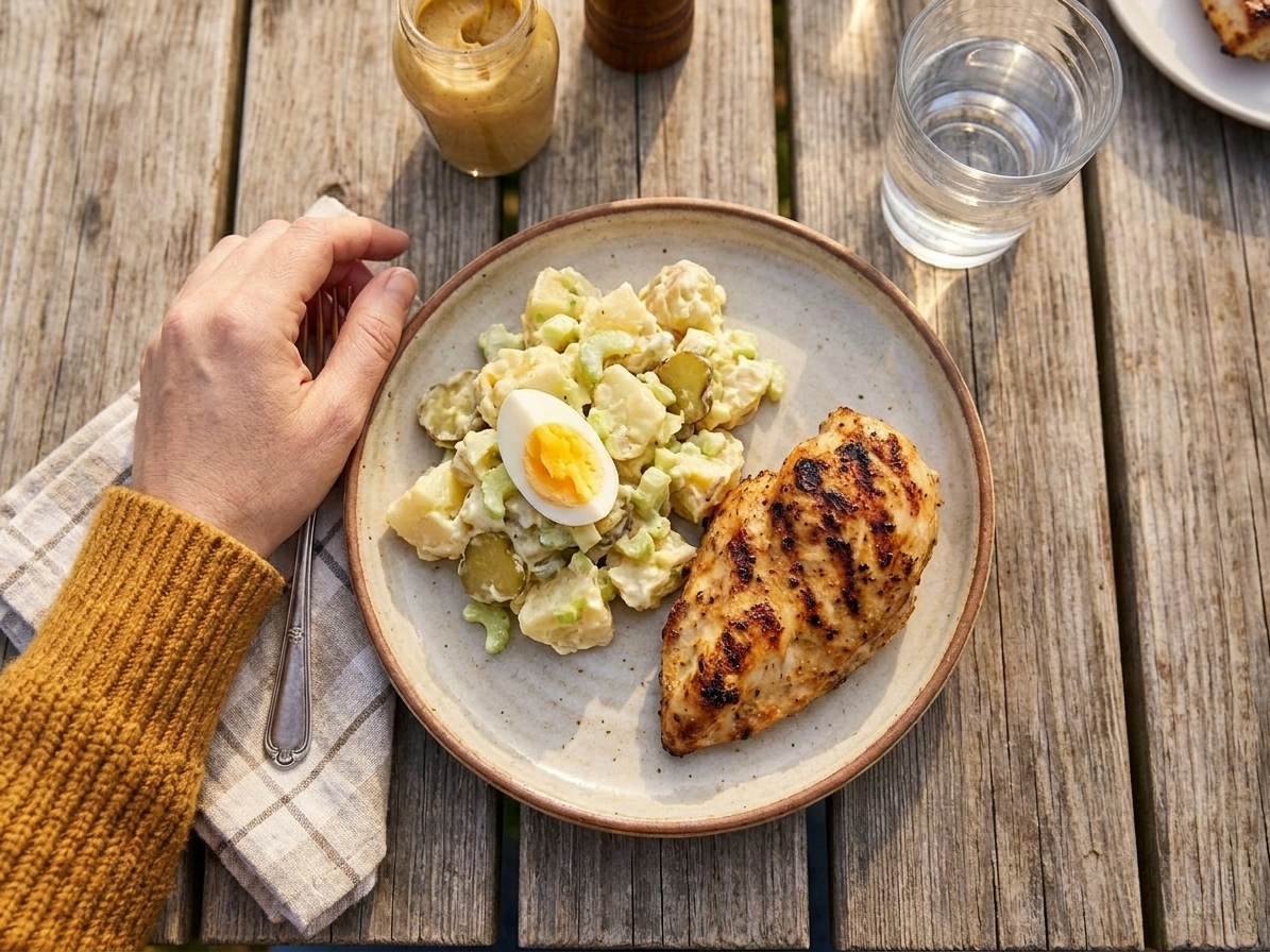 A small plate with a scoop of potato salad and egg alongside grilled chicken on a dinner table in warm natural light