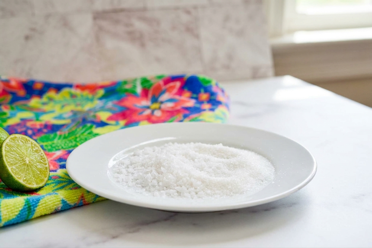A small plate with a sugar and kosher salt mixture for rimming cocktail glasses on a kitchen counter