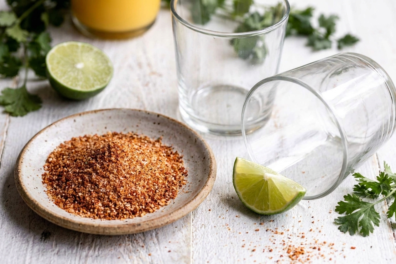 A small plate with chili-lime salt next to a lime wedge and two empty rocks glasses ready for rimming on a kitchen counter