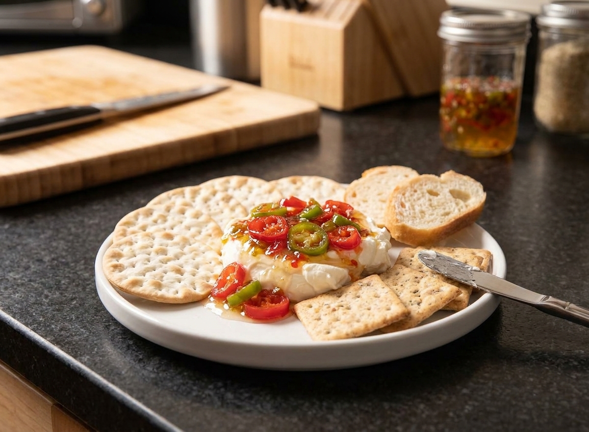 A small plate with cream cheese topped with hot pepper jelly surrounded by crackers on a simple table setting