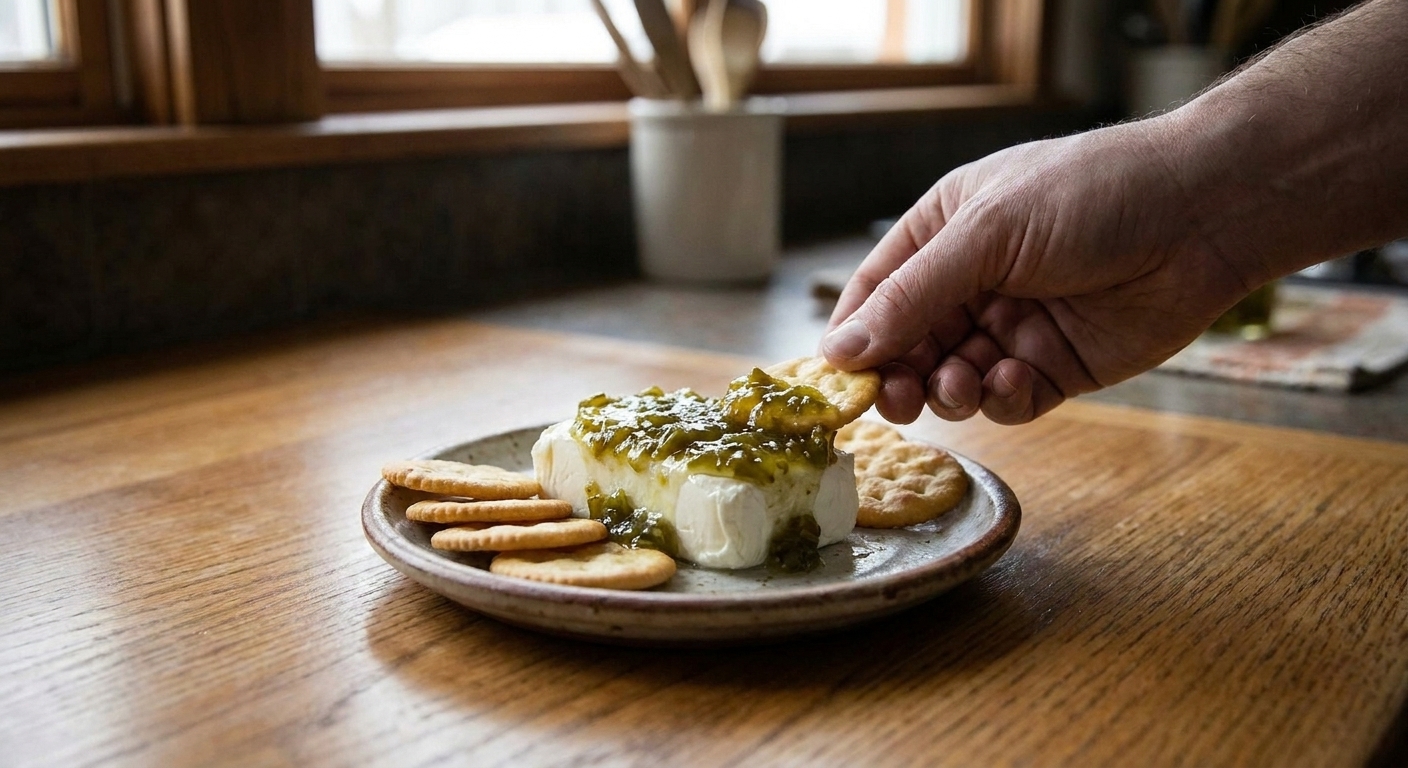 A small plate with cream cheese topped with jalapeño jelly surrounded by buttery crackers on a kitchen table