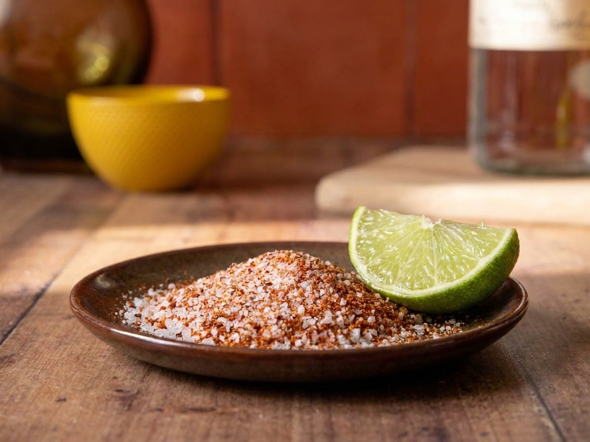 A small plate with kosher salt and chili powder mixed together beside a cut lime on a kitchen counter