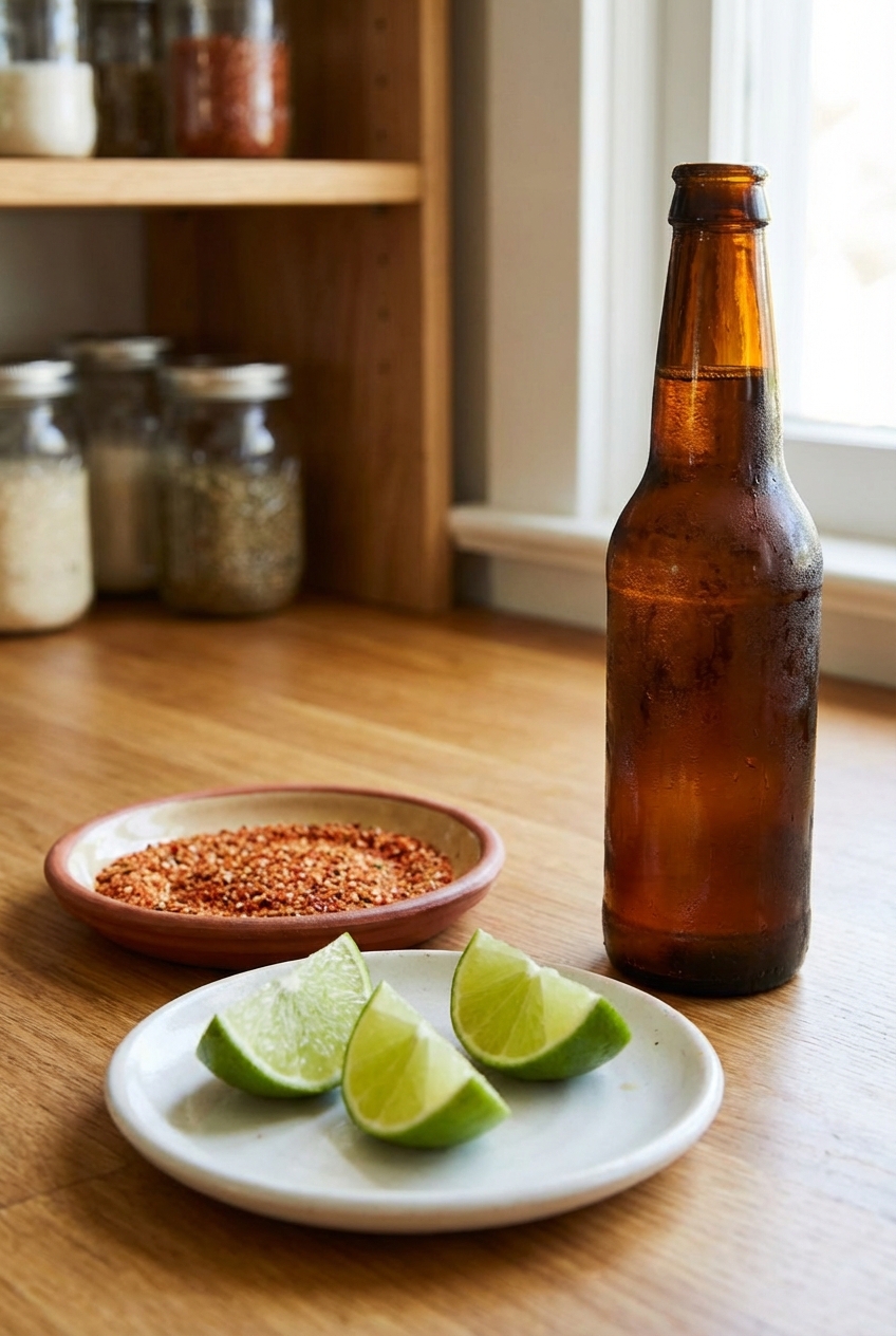 A small plate with lime wedges and a shallow dish of chili-lime seasoning next to a cold beer bottle on a kitchen counter