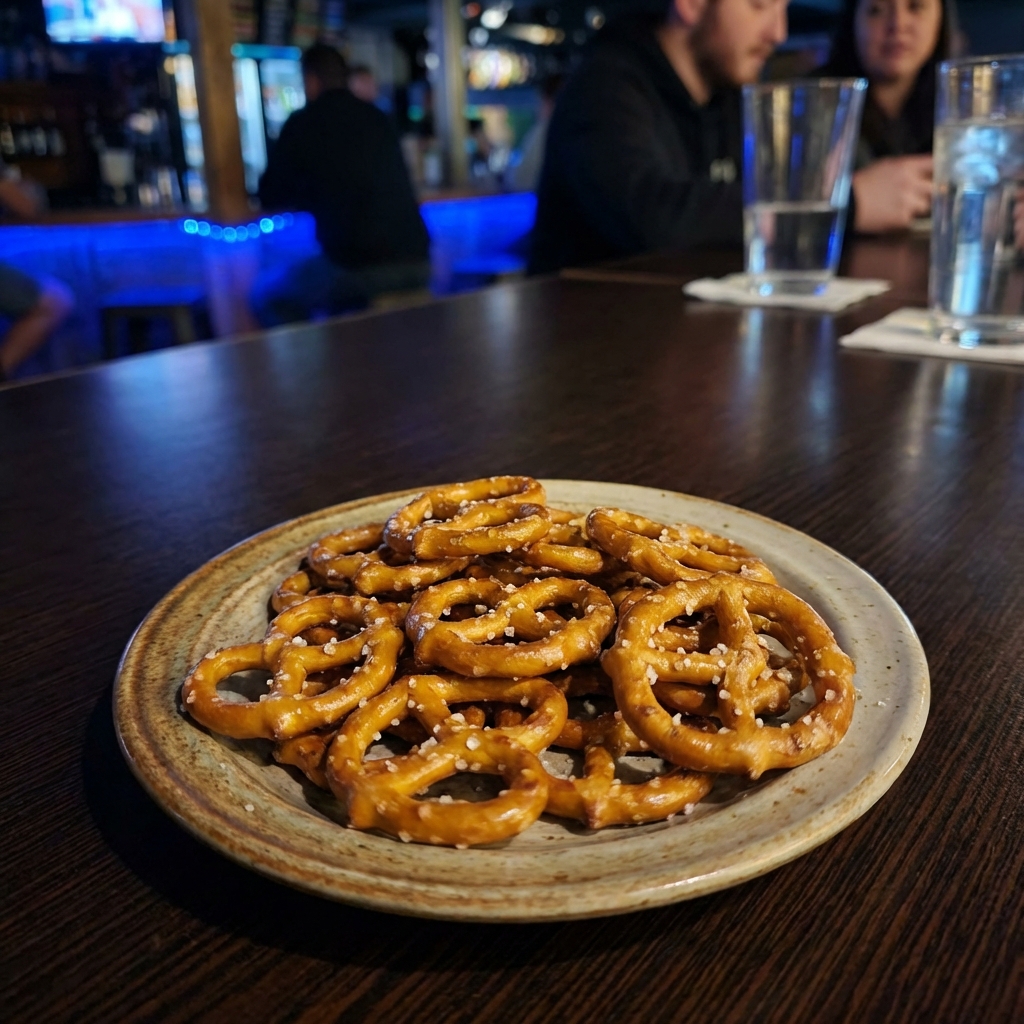 A small plate with salted pretzels