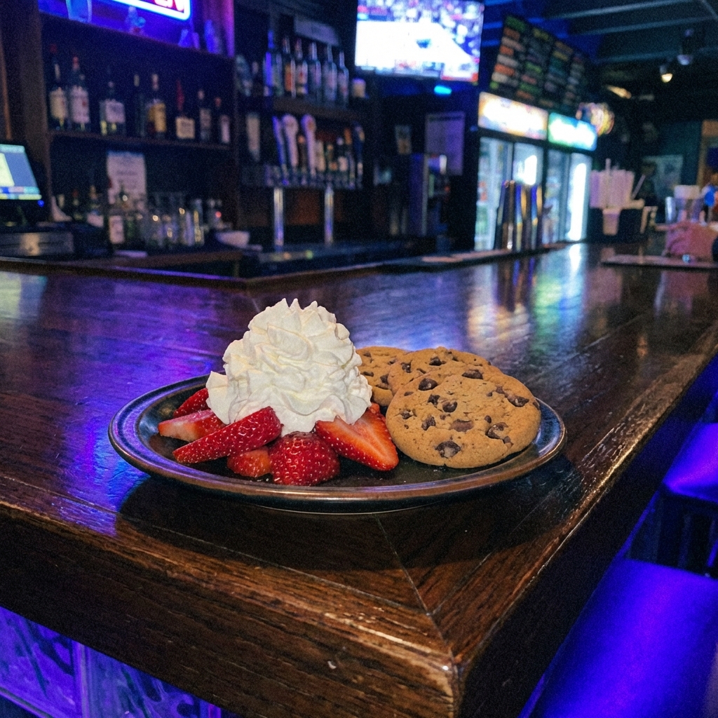 A small plate with sliced strawberries and a dollop of whipped cream next to cookies
