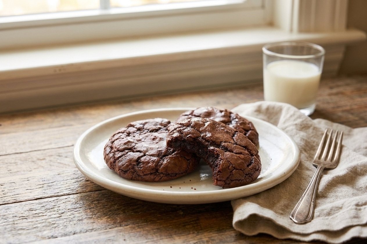 A small plate with three brownie mix cookies showing shiny crackly tops and fudgy centers on a cozy kitchen table setting