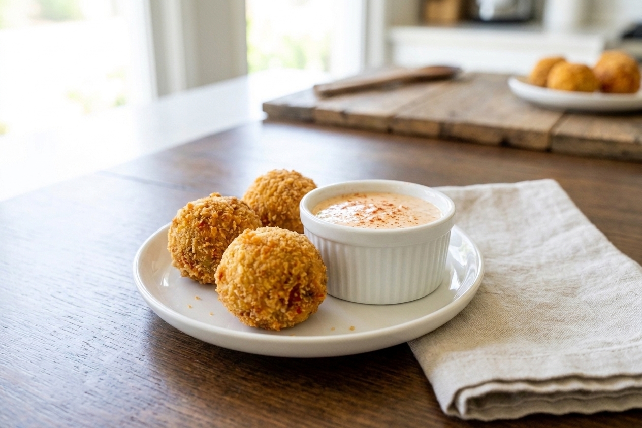 A small plate with three crispy boudin balls and a ramekin of remoulade sauce, set on a dinner table with a simple cloth napkin