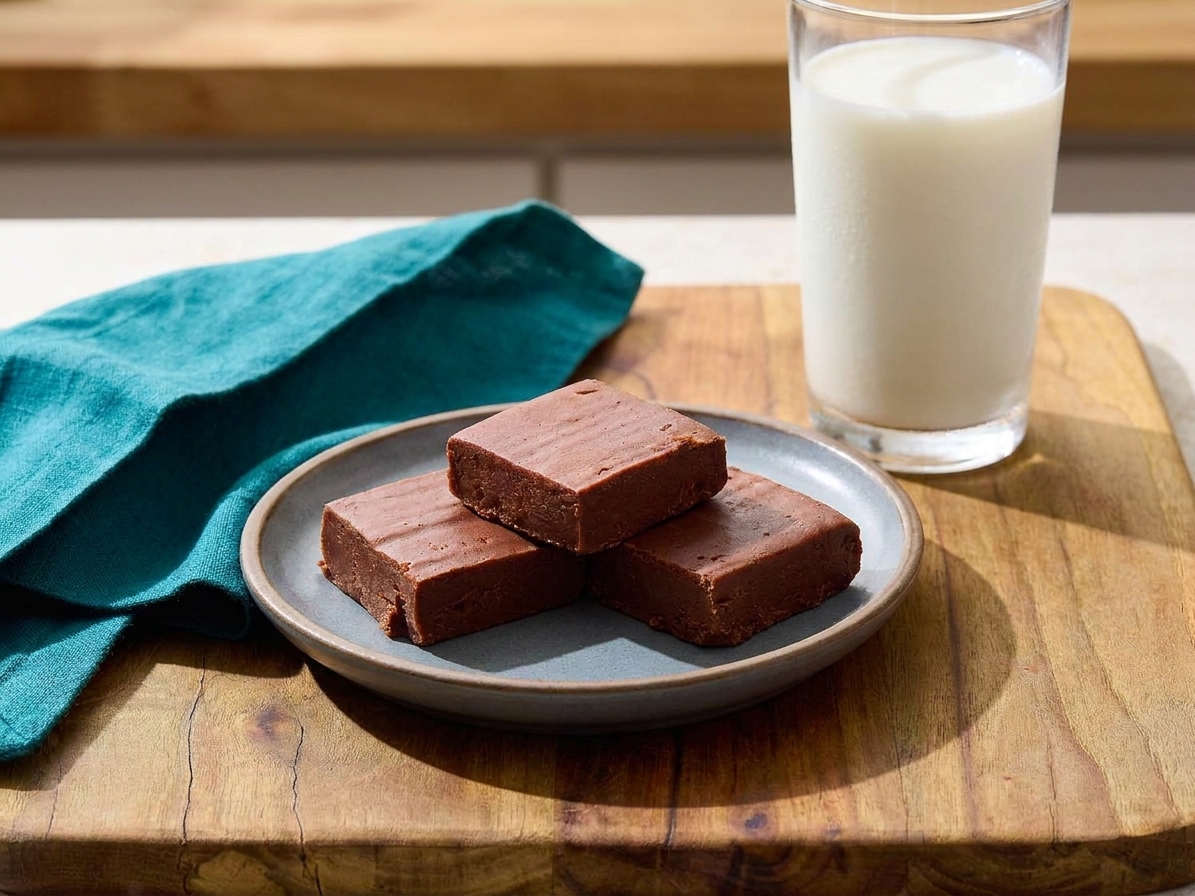 A small plate with three squares of marshmallow fluff fudge on a simple dessert table setting with a glass of milk