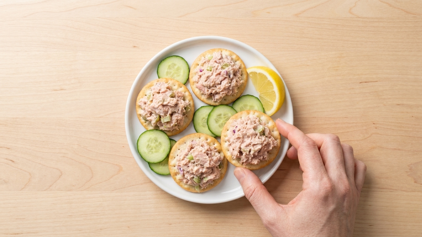 A small plate with tuna salad scooped onto crackers with sliced cucumber and a lemon wedge on a light wood table