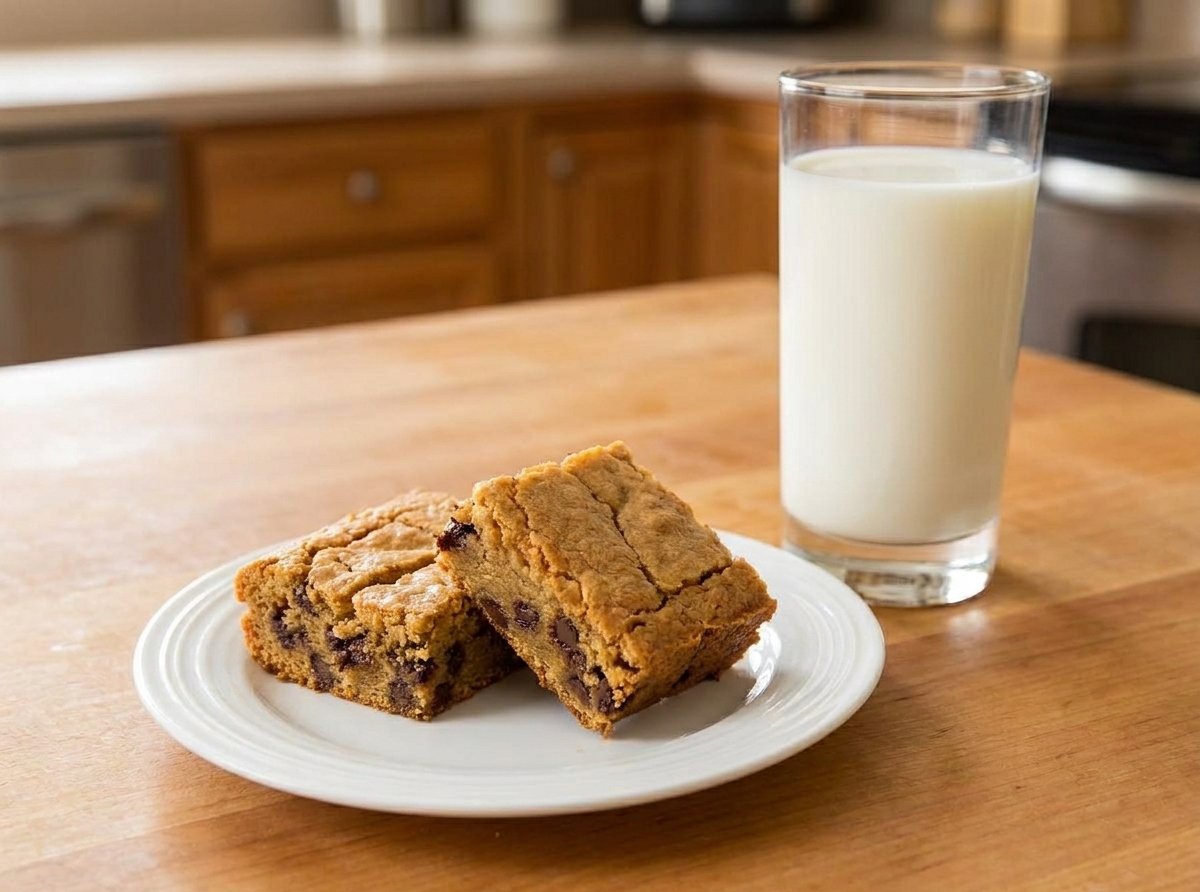 A small plate with two blondie squares on a simple kitchen table setting with a glass of milk nearby, cozy afternoon light
