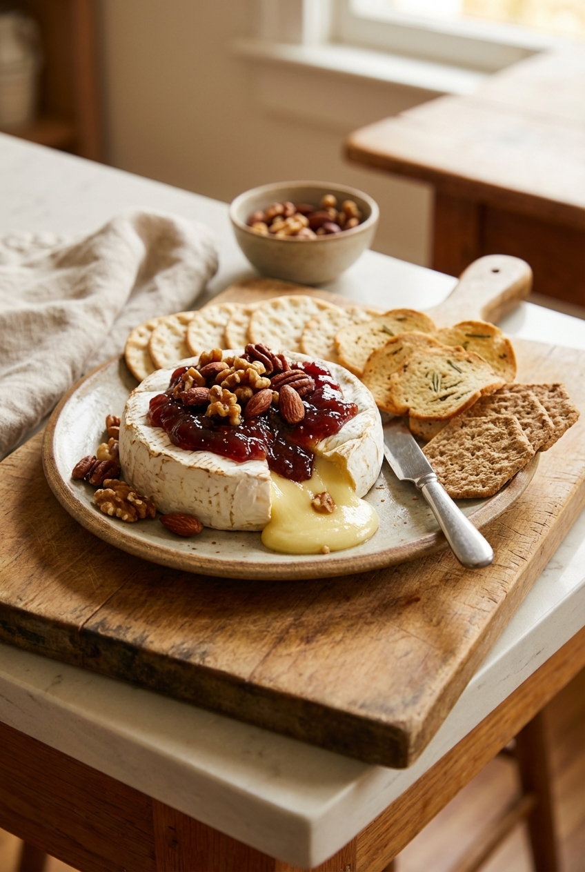 A small platter of baked brie topped with jam and scattered nuts, served with crackers on a wooden board