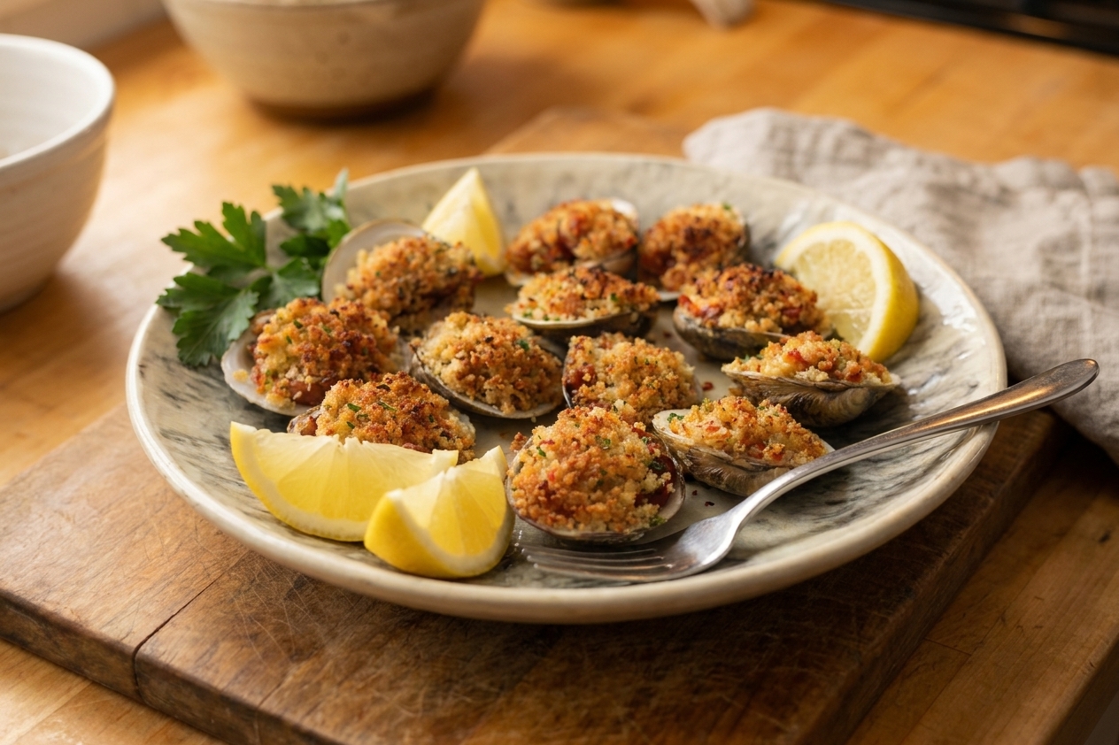A small platter of clams casino with a golden breadcrumb topping and bacon bits, served with lemon wedges on a simple table setting