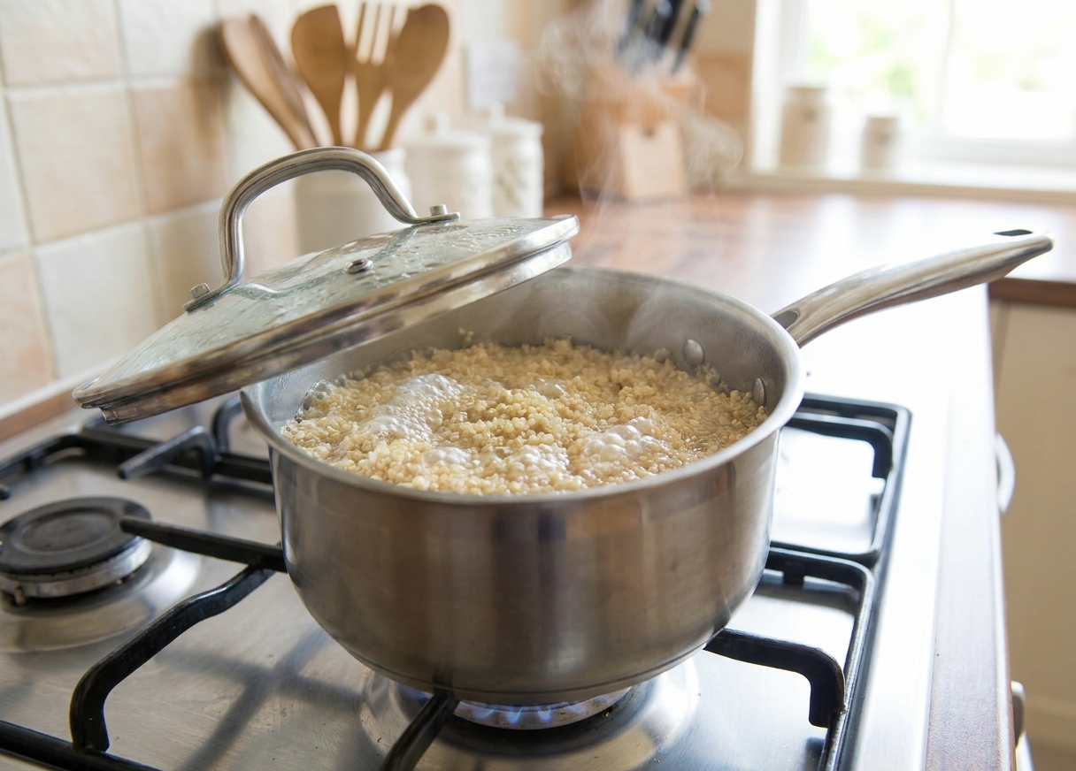 A small pot of quinoa gently simmering on a stovetop with the lid slightly ajar in a bright home kitchen
