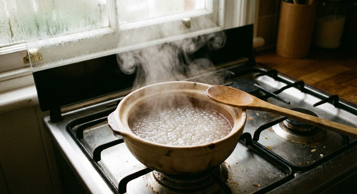 A small pot of tapioca pearls simmering in water on a stovetop with steam rising