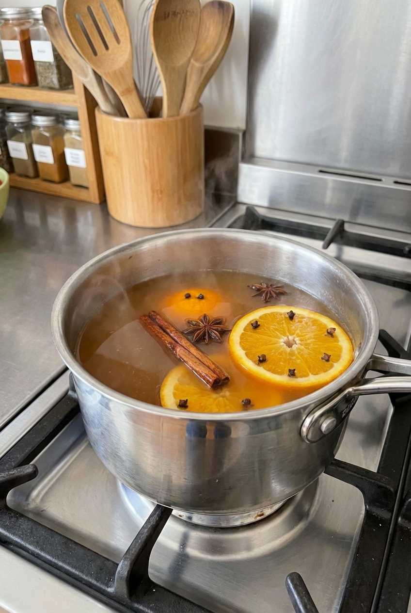 A small pot on a stovetop with apple cider simmering and whole spices and orange slices floating on top