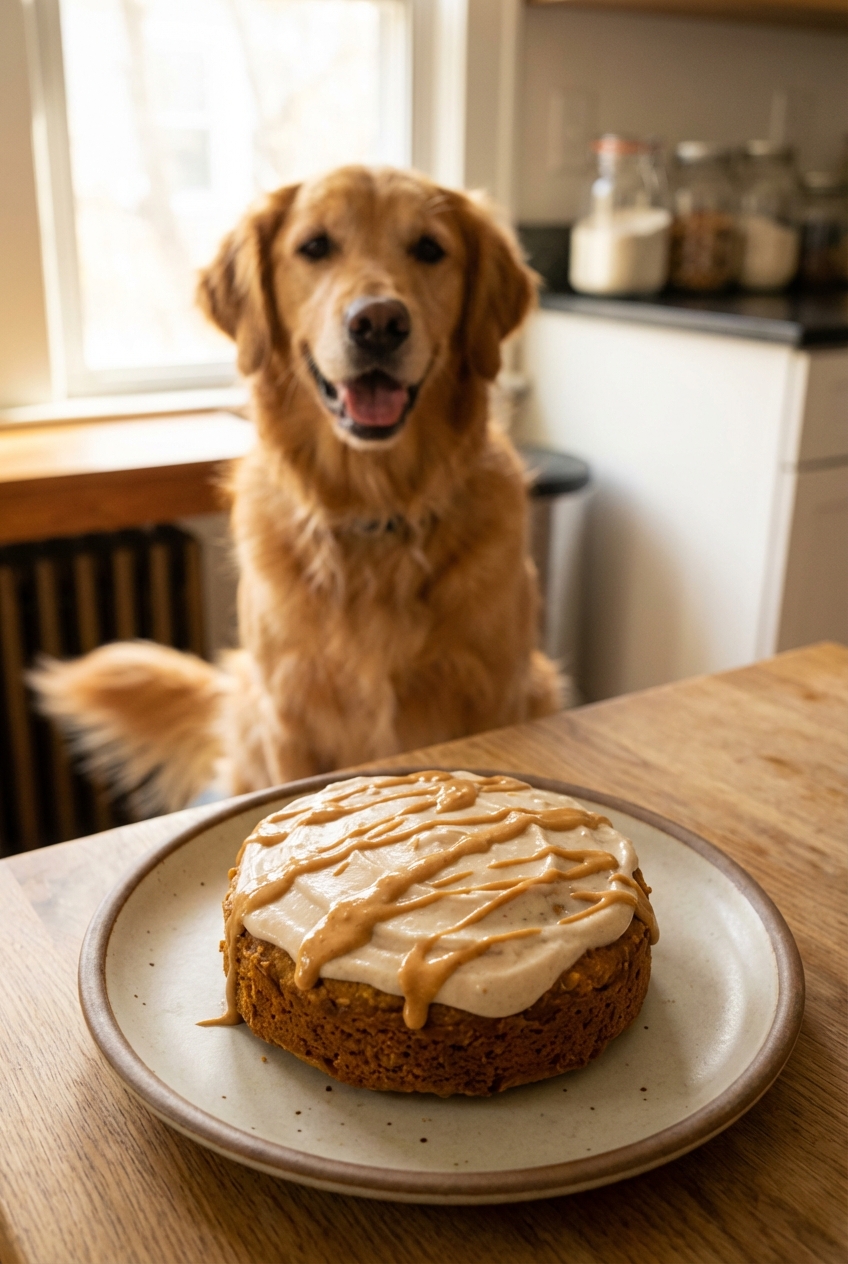 A small pumpkin oat dog birthday cake on a plate with a light yogurt frosting, a peanut butter drizzle, and a happy dog waiting in the background