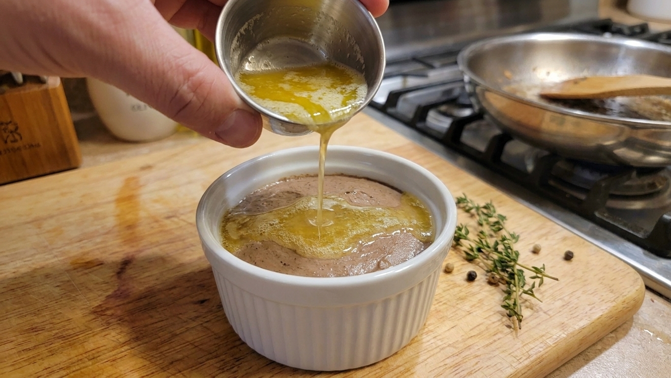 A small ramekin of blended chicken liver pâté with a smooth top while melted butter is being poured in a thin layer to seal it