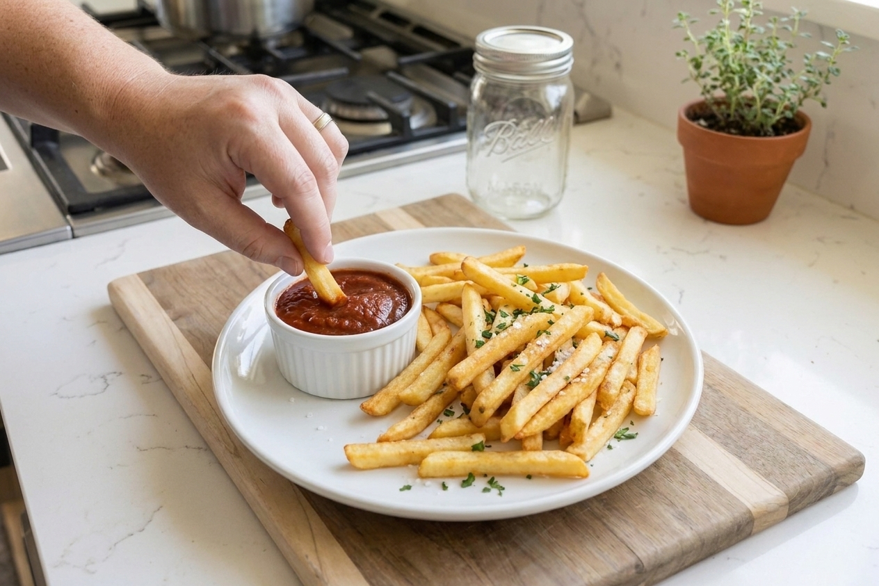 A small ramekin of homemade ketchup served alongside crispy French fries on a simple white plate at a kitchen table setting