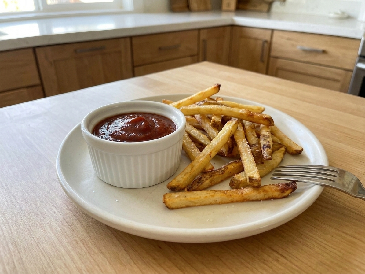 A small ramekin of homemade ketchup served next to crispy fries on a simple plate at a kitchen table