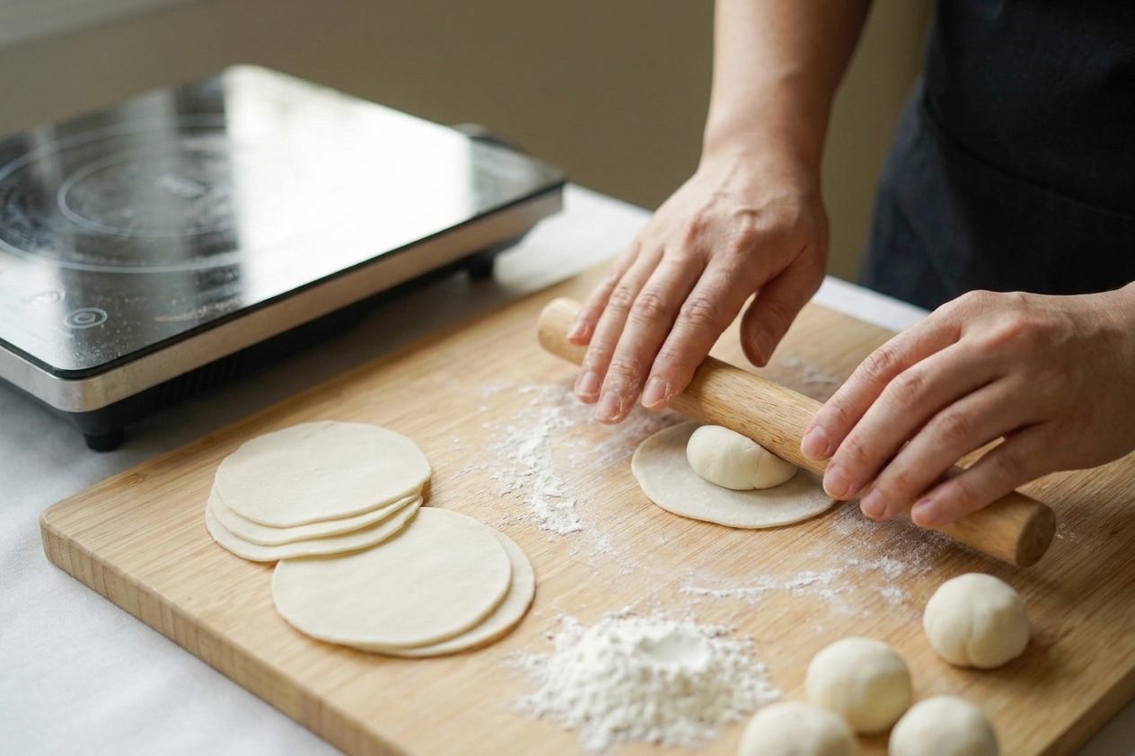 A small rolling pin rolling dumpling dough into thin circles on a lightly floured wooden board
